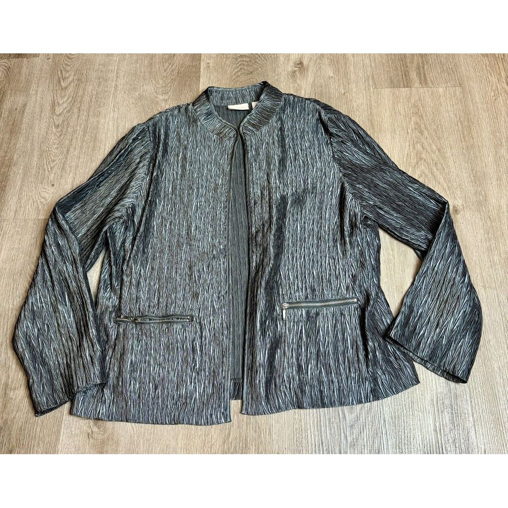 Chicos Jacket Women's Size 1 Textured Dark Olive Green Long Sleeve Open‎ Front